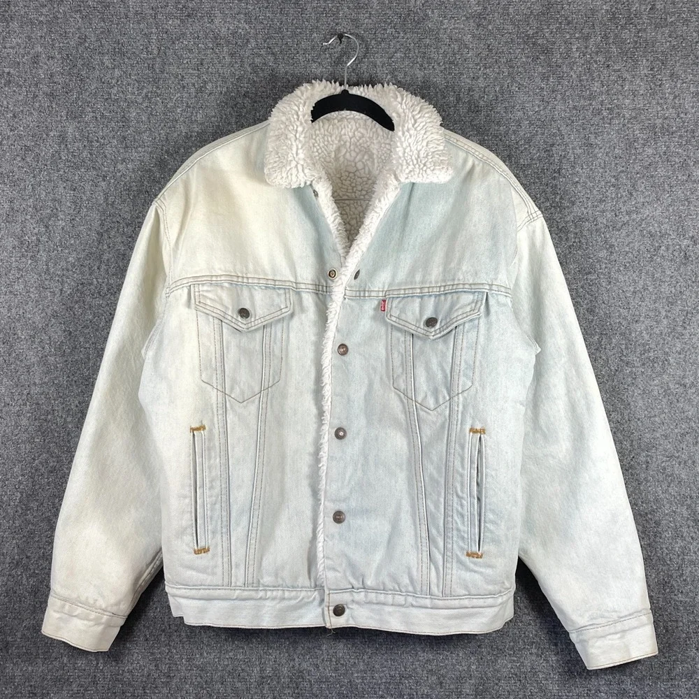 Vintage Levis Trucker Jacket Light Blue Sherpa Lined Made In USA Denim Large